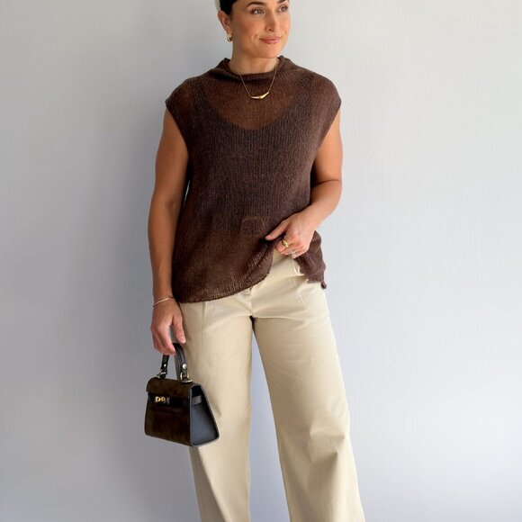 Women’s Open-Knit Mock Neck Sweater Tank – Cocoa Brown Top - Picture 10 of 10